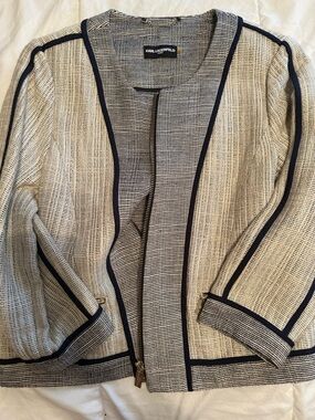 Karl Lagerfeld Cream and Navy Textured Open-Front Jacket